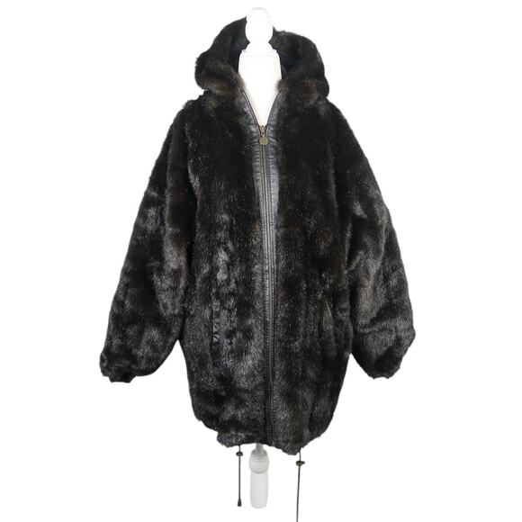 Vintage RZR Black Leather and Brown Faux Fur Reversible Coat M - Picture 1 of 10